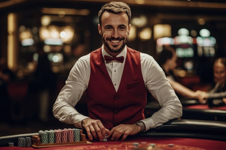 Live dealer hosting Sic Bo table with dice roll and betting layout on satta king